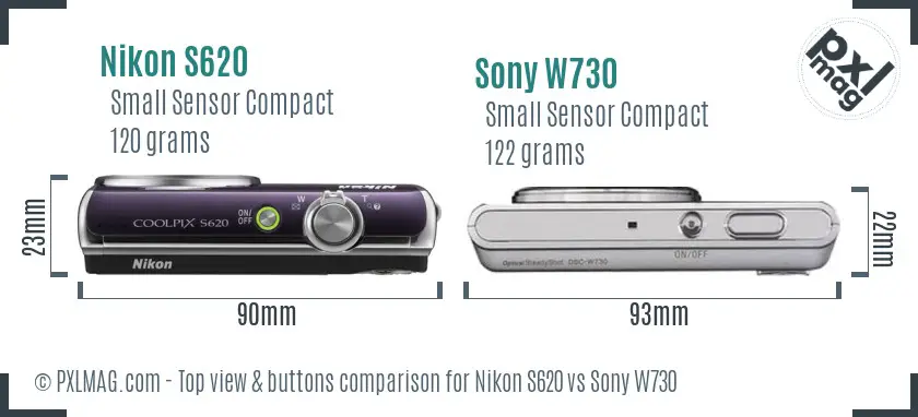 Nikon S620 vs Sony W730 top view buttons comparison