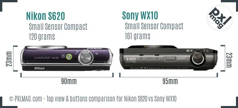 Nikon S620 vs Sony WX10 top view buttons comparison Nikon S620 vs Sony WX10 top view buttons comparison