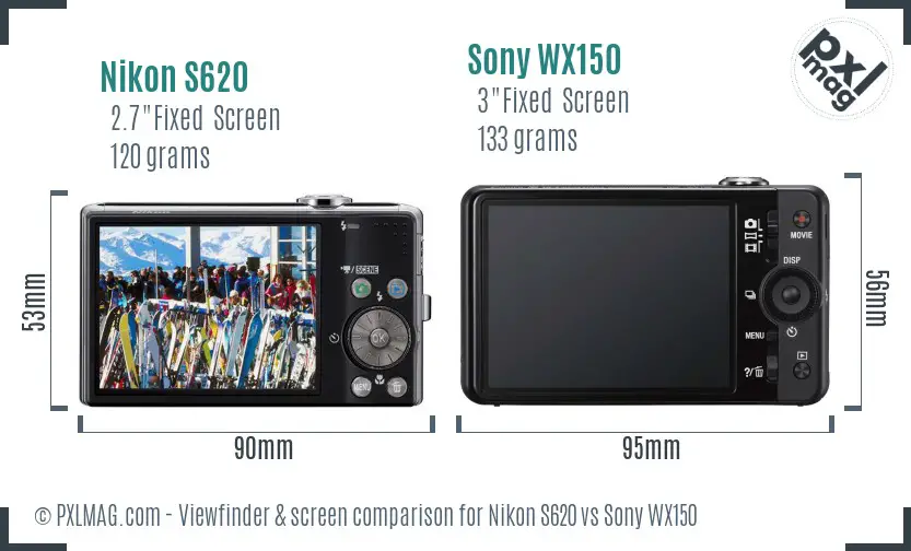 Nikon S620 vs Sony WX150 Screen and Viewfinder comparison