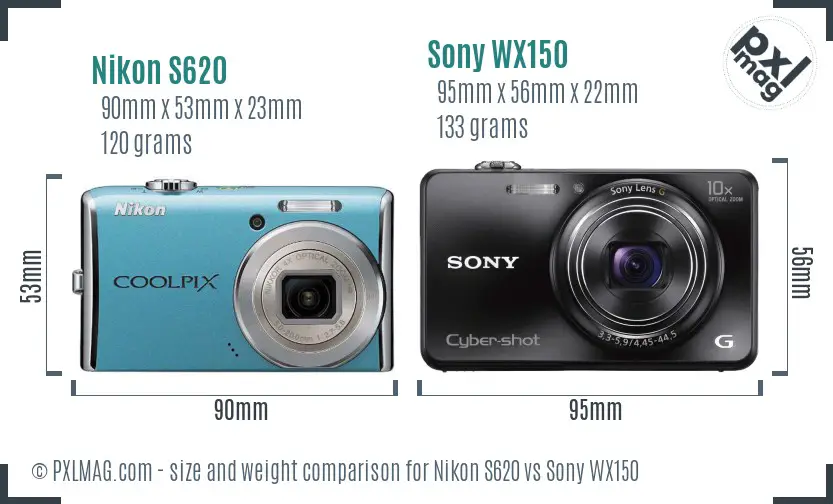 Nikon S620 vs Sony WX150 size comparison