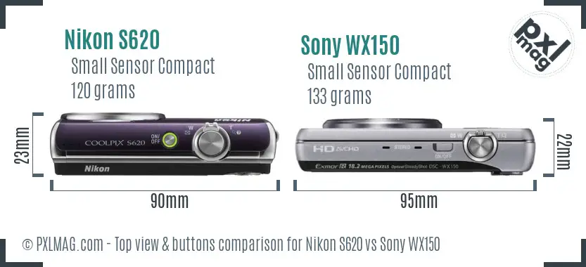 Nikon S620 vs Sony WX150 top view buttons comparison