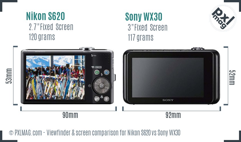 Nikon S620 vs Sony WX30 Screen and Viewfinder comparison