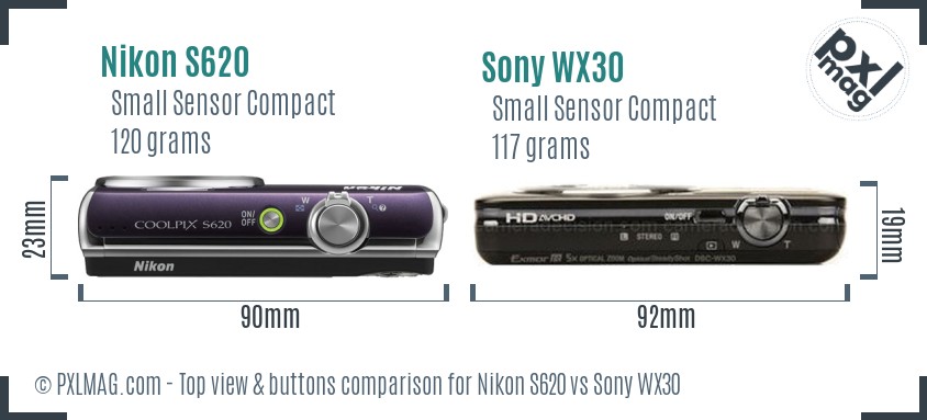 Nikon S620 vs Sony WX30 top view buttons comparison