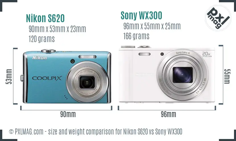 Nikon S620 vs Sony WX300 size comparison