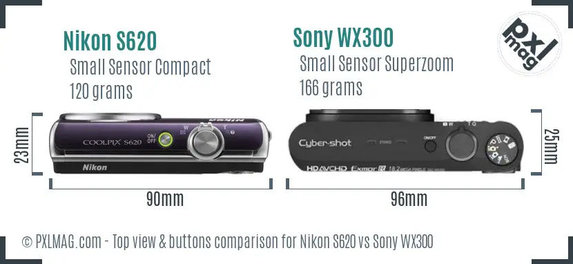 Nikon S620 vs Sony WX300 top view buttons comparison