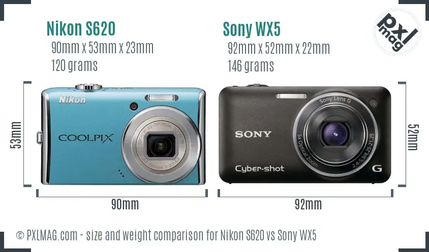 Nikon S620 vs Sony WX5 size comparison