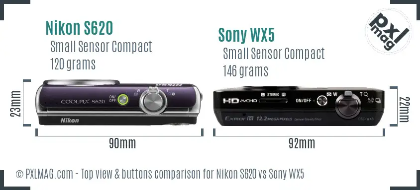 Nikon S620 vs Sony WX5 top view buttons comparison