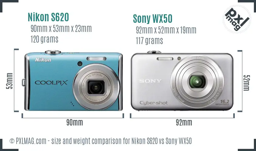 Nikon S620 vs Sony WX50 size comparison