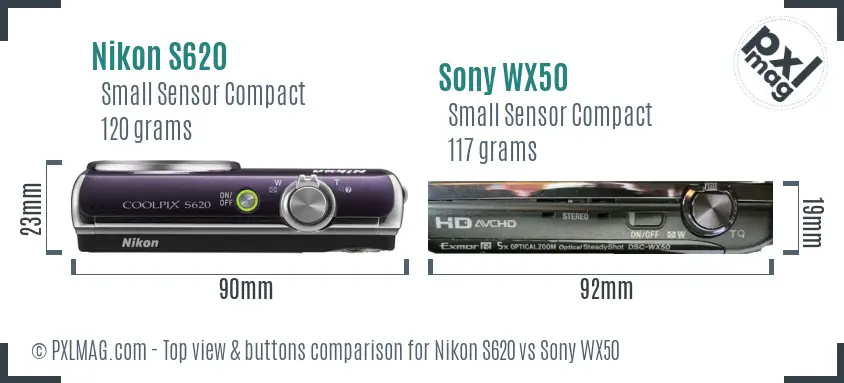 Nikon S620 vs Sony WX50 top view buttons comparison