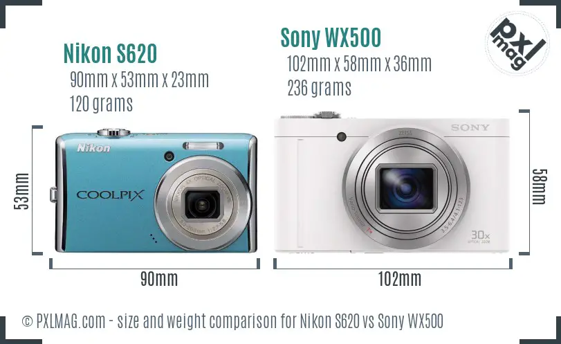 Nikon S620 vs Sony WX500 size comparison