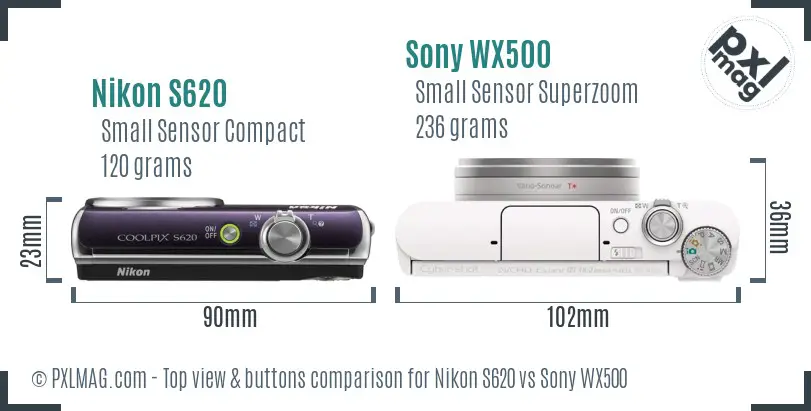 Nikon S620 vs Sony WX500 top view buttons comparison