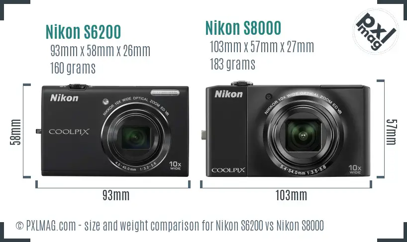 Nikon S6200 vs Nikon S8000 size comparison