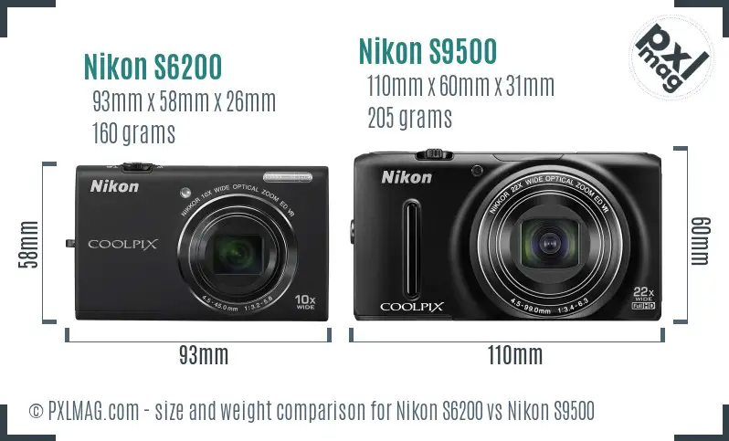 Nikon S6200 vs Nikon S9500 size comparison