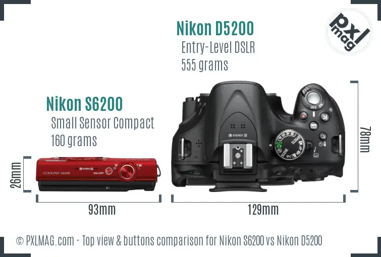 Nikon S6200 vs Nikon D5200 top view buttons comparison