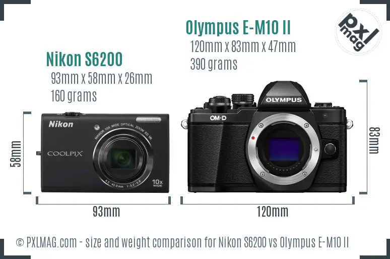 Nikon S6200 vs Olympus E-M10 II size comparison