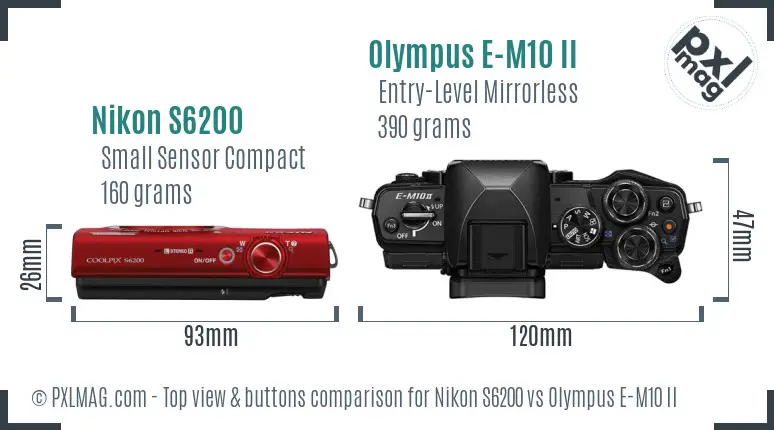 Nikon S6200 vs Olympus E-M10 II top view buttons comparison