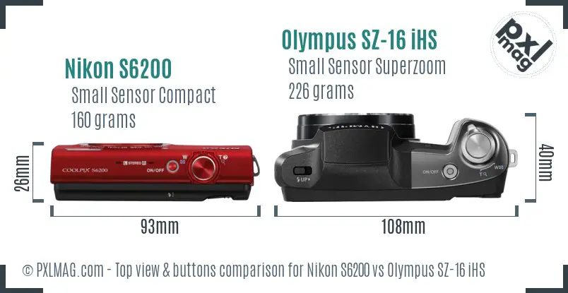 Nikon S6200 vs Olympus SZ-16 iHS top view buttons comparison