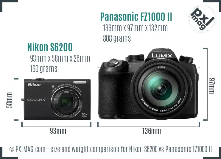 Nikon S6200 vs Panasonic FZ1000 II size comparison
