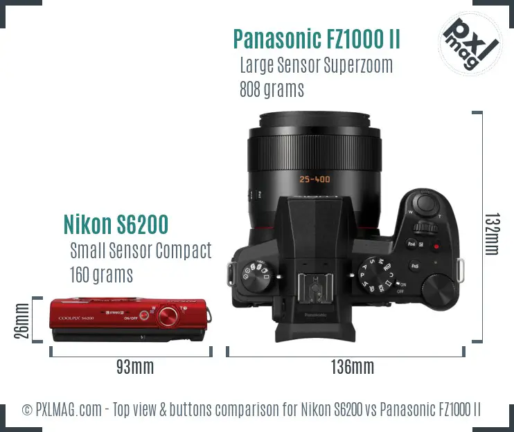 Nikon S6200 vs Panasonic FZ1000 II top view buttons comparison