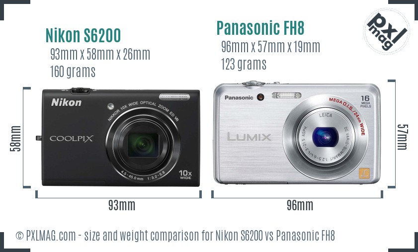 Nikon S6200 vs Panasonic FH8 size comparison