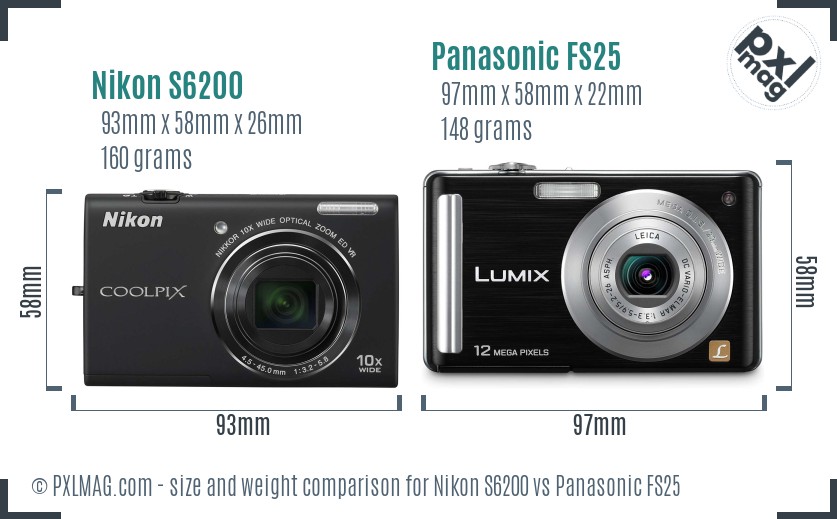 Nikon S6200 vs Panasonic FS25 size comparison