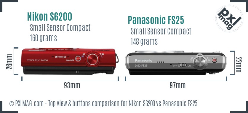 Nikon S6200 vs Panasonic FS25 top view buttons comparison