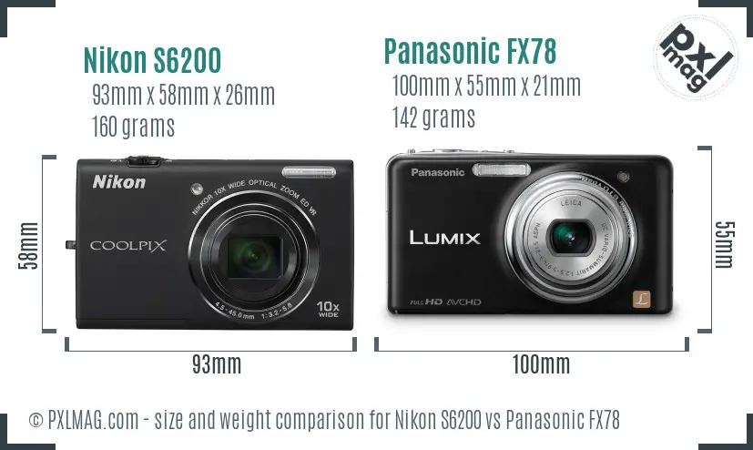 Nikon S6200 vs Panasonic FX78 size comparison