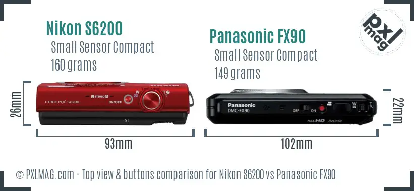 Nikon S6200 vs Panasonic FX90 top view buttons comparison Nikon S6200 vs Panasonic FX90 top view buttons comparison