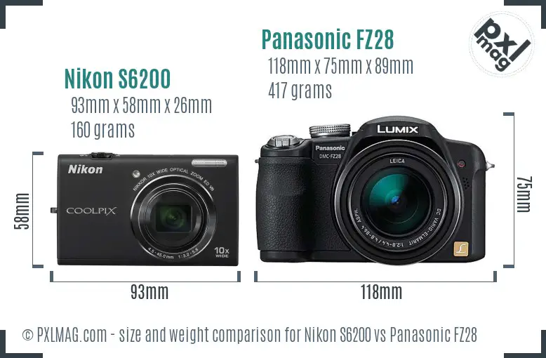 Nikon S6200 vs Panasonic FZ28 size comparison