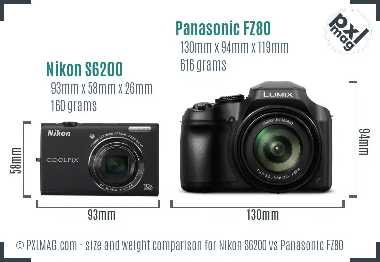 Nikon S6200 vs Panasonic FZ80 size comparison