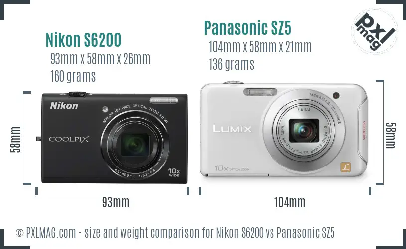 Nikon S6200 vs Panasonic SZ5 size comparison