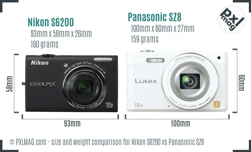 Nikon S6200 vs Panasonic SZ8 size comparison