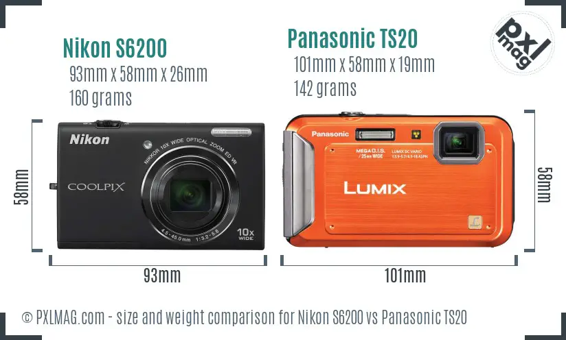 Nikon S6200 vs Panasonic TS20 size comparison