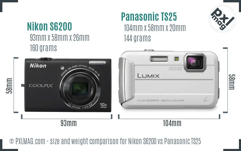 Nikon S6200 vs Panasonic TS25 size comparison