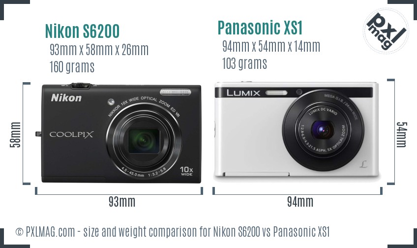 Nikon S6200 vs Panasonic XS1 size comparison