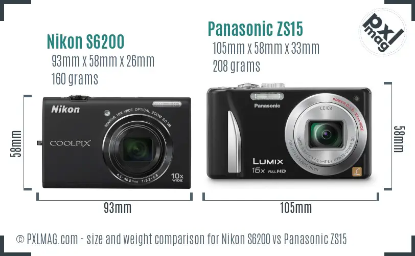 Nikon S6200 vs Panasonic ZS15 size comparison