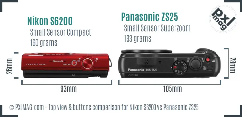 Nikon S6200 vs Panasonic ZS25 top view buttons comparison