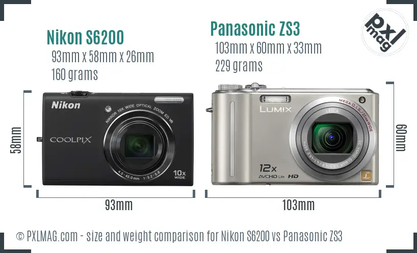 Nikon S6200 vs Panasonic ZS3 size comparison