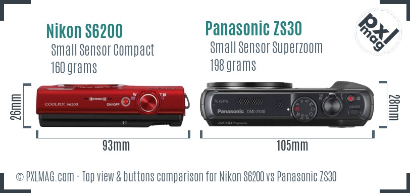Nikon S6200 vs Panasonic ZS30 top view buttons comparison