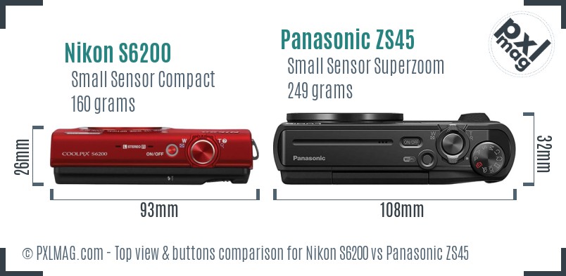 Nikon S6200 vs Panasonic ZS45 top view buttons comparison