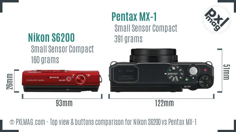 Nikon S6200 vs Pentax MX-1 top view buttons comparison