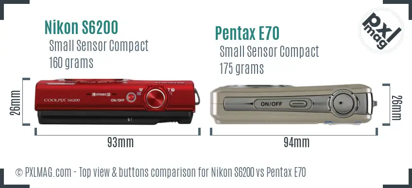 Nikon S6200 vs Pentax E70 top view buttons comparison