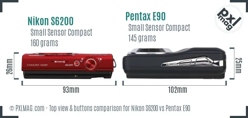 Nikon S6200 vs Pentax E90 top view buttons comparison Nikon S6200 vs Pentax E90 top view buttons comparison