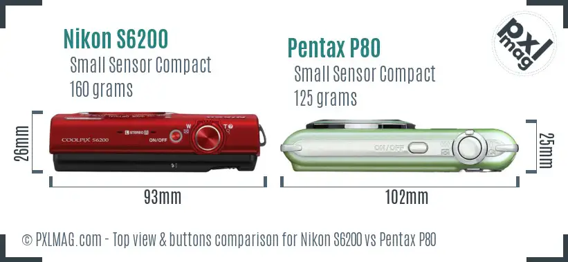 Nikon S6200 vs Pentax P80 top view buttons comparison