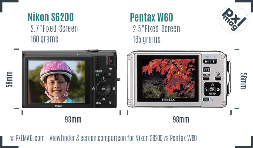 Nikon S6200 vs Pentax W60 Screen and Viewfinder comparison