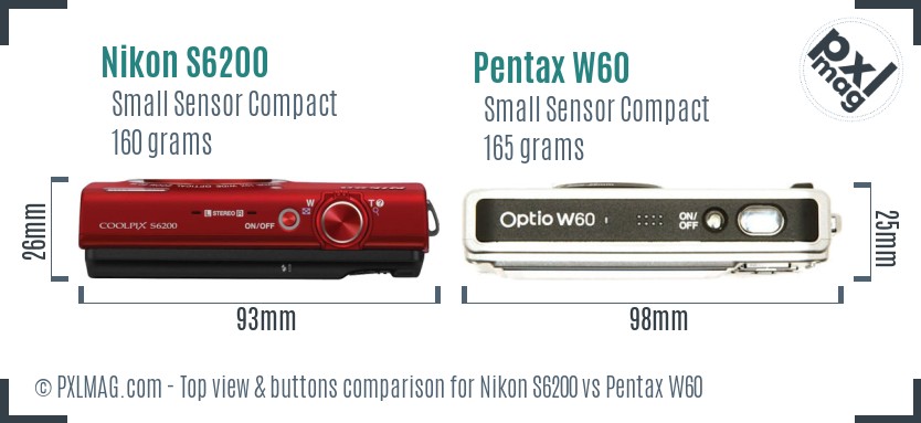 Nikon S6200 vs Pentax W60 top view buttons comparison