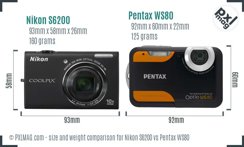 Nikon S6200 vs Pentax WS80 size comparison