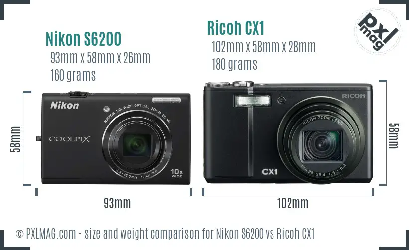 Nikon S6200 vs Ricoh CX1 size comparison