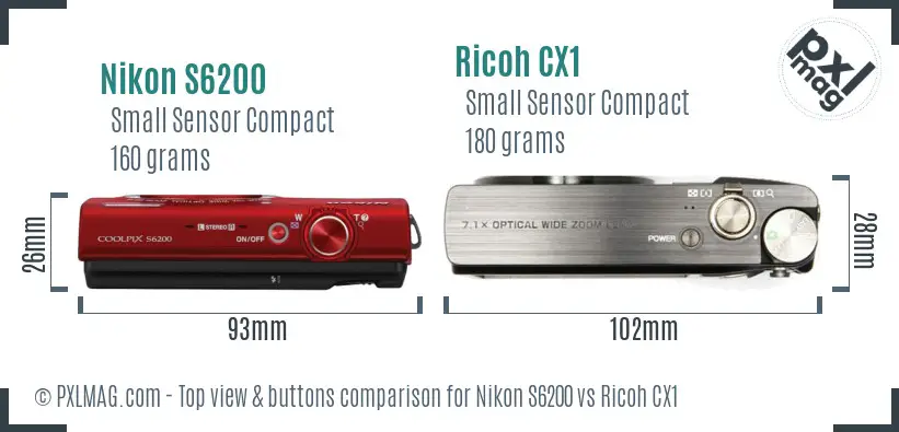 Nikon S6200 vs Ricoh CX1 top view buttons comparison