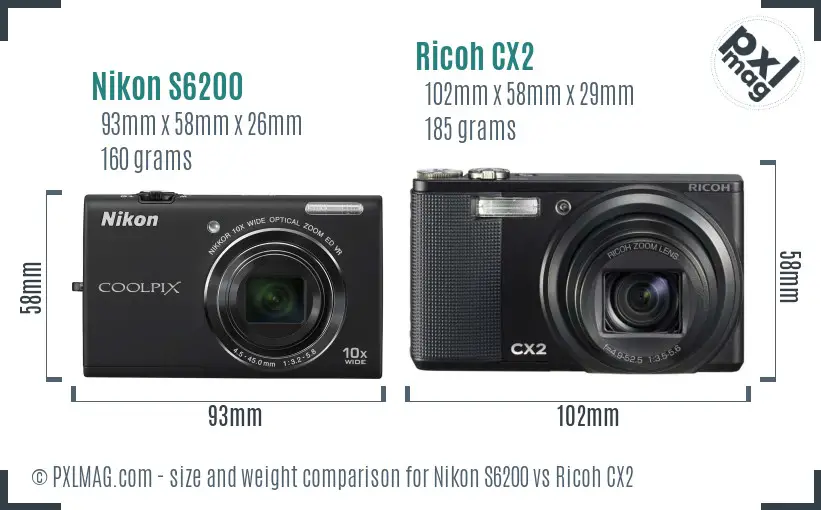 Nikon S6200 vs Ricoh CX2 size comparison